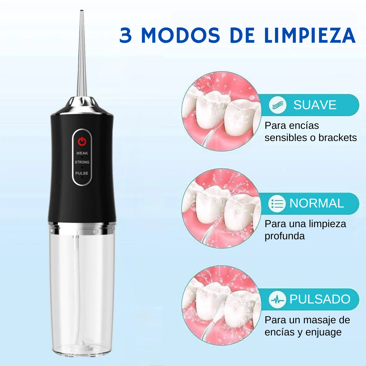 Irrigador dental con cabezales intercambiables 360°