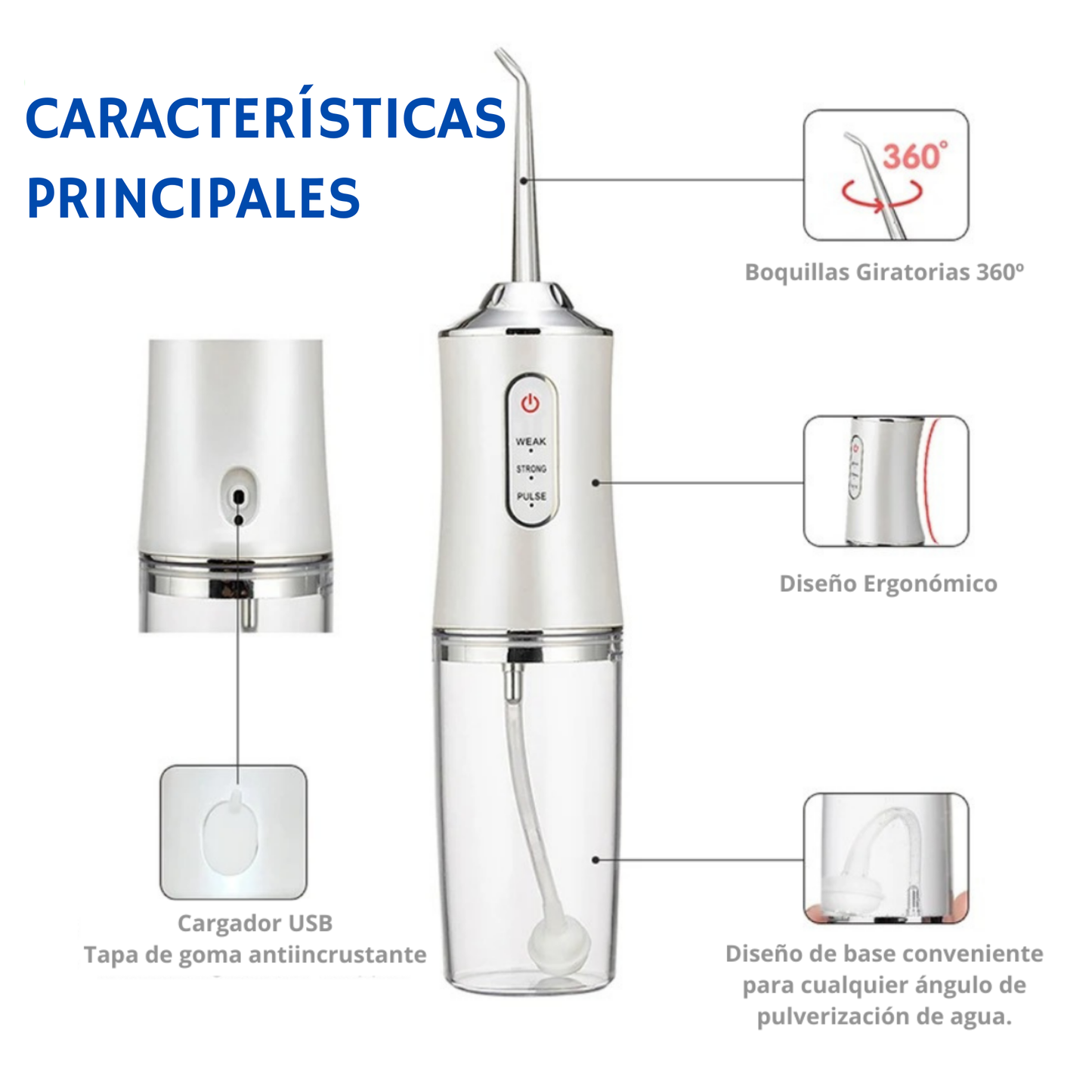 Irrigador dental con cabezales intercambiables 360°